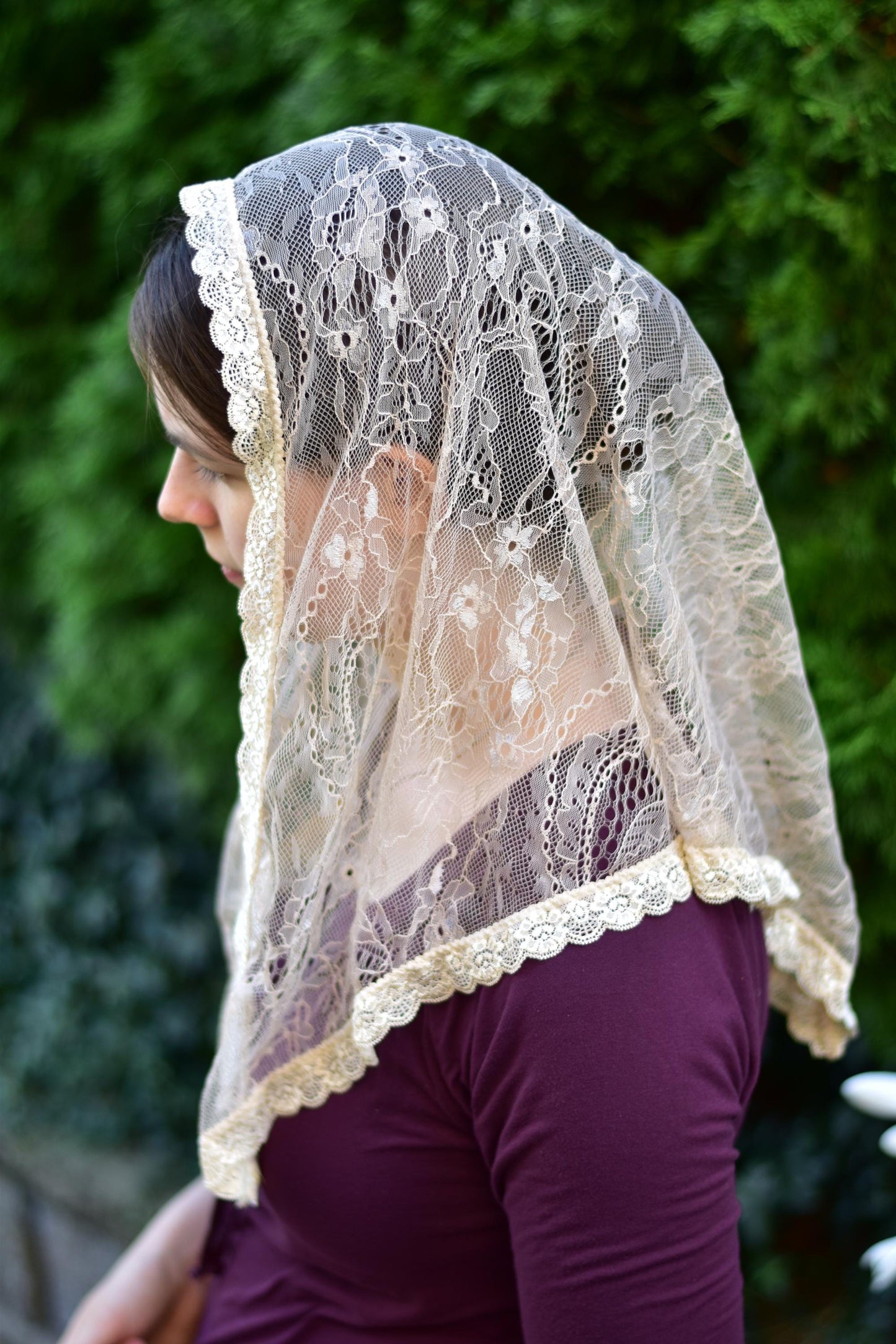 Beige Chantilly Lace Veil Triangle Shape Mantilla