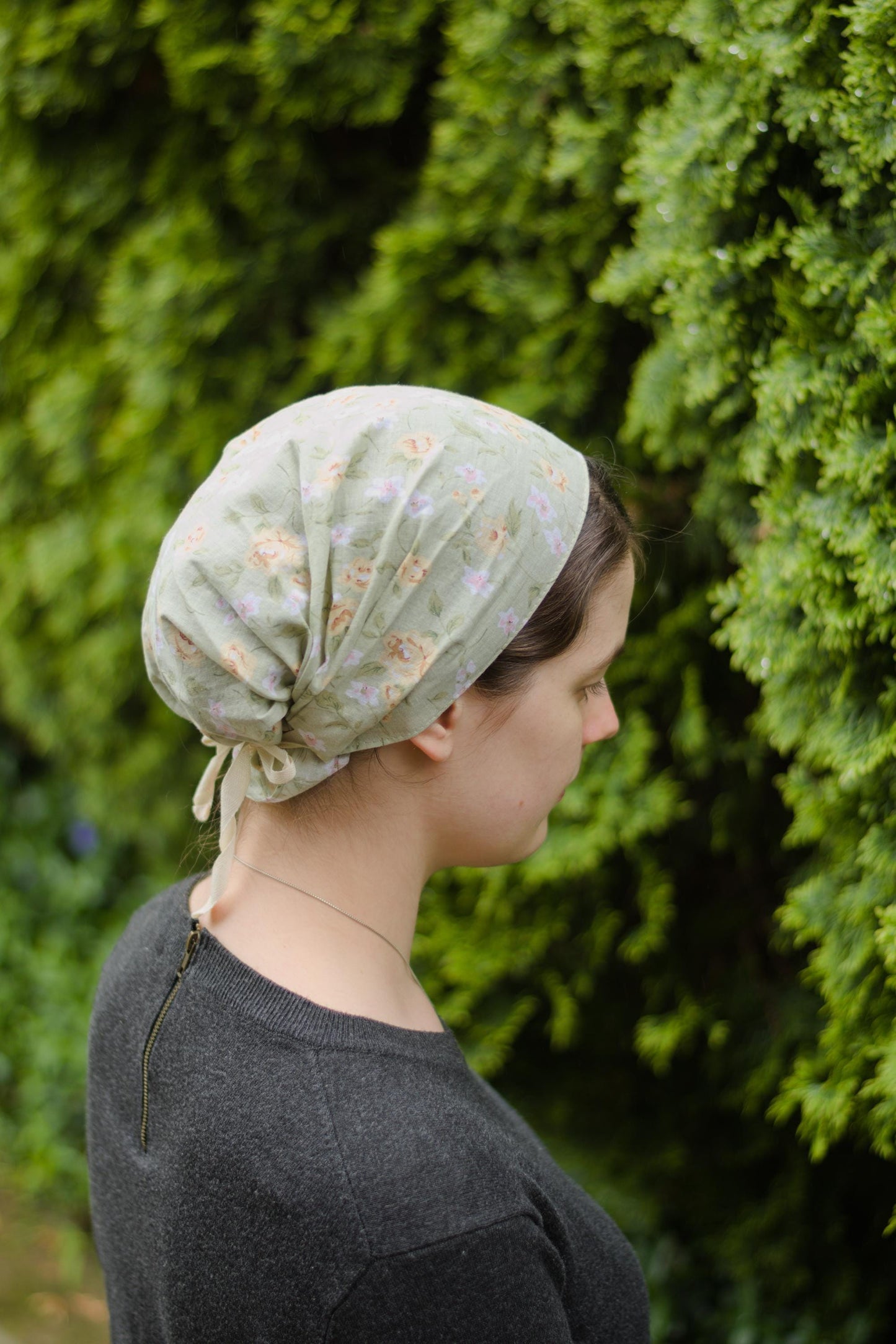 Green Cotton Floral - Full Coverage Headwrap Headcovering