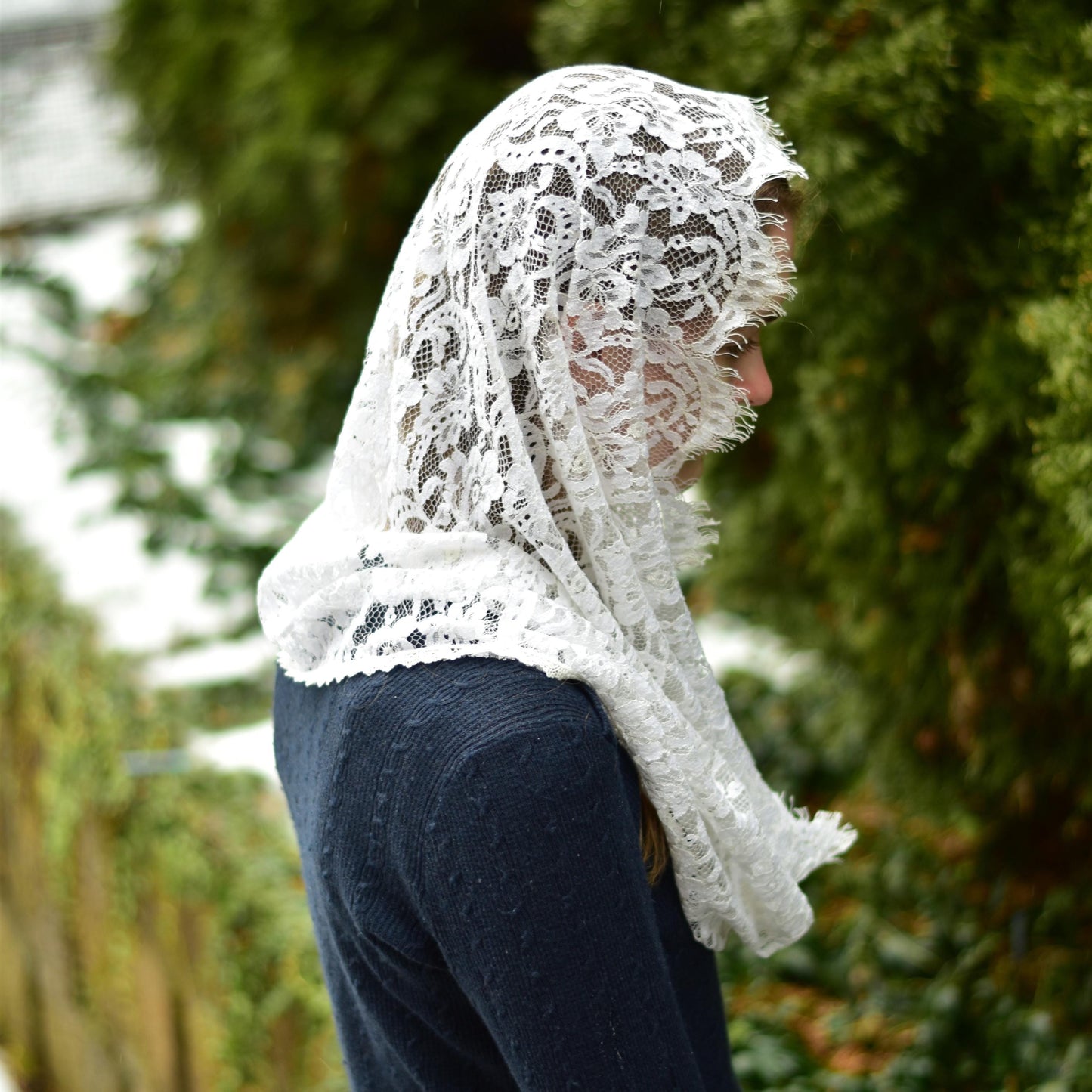 Warm White Chantilly Lace Infinity Chapel Veil