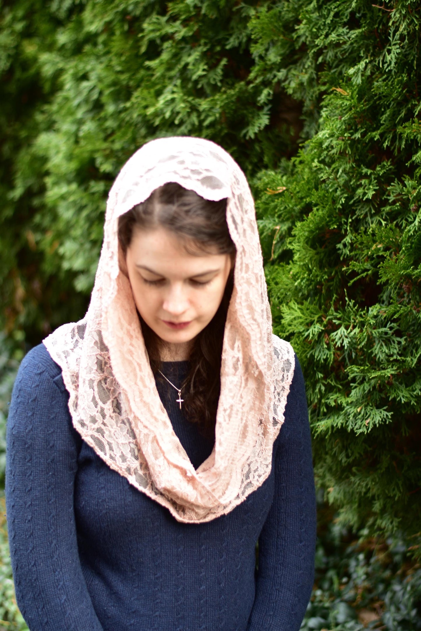 Neutral Pink Lace Infinity Chapel Veil Mantilla