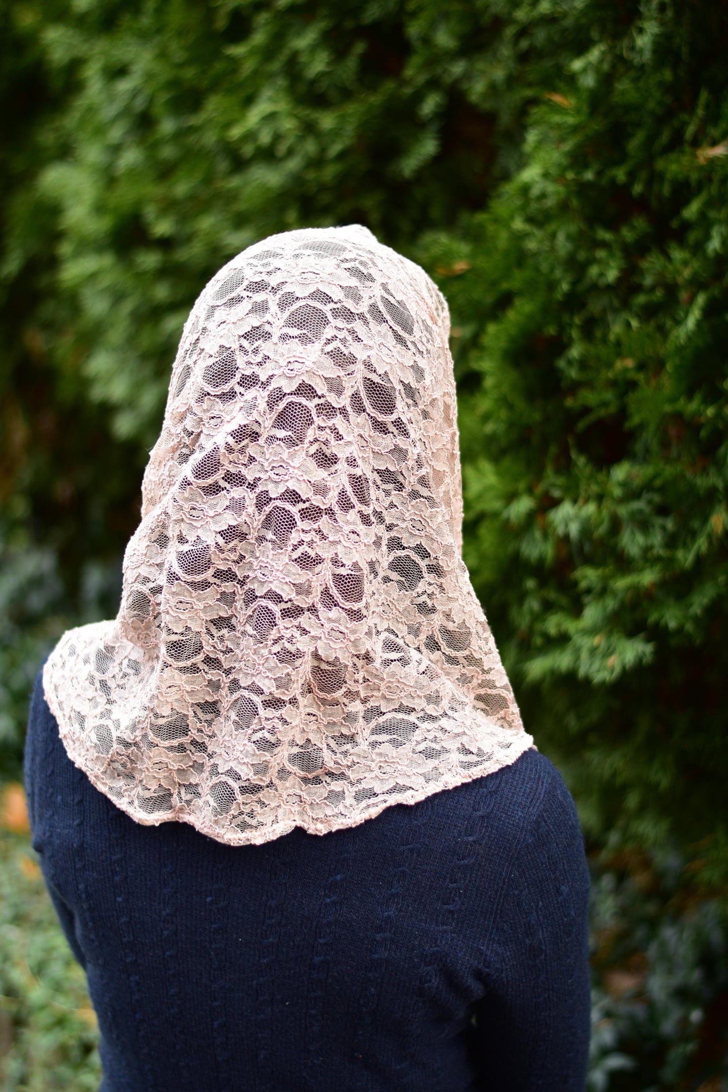 Neutral Pink Lace Infinity Chapel Veil Mantilla