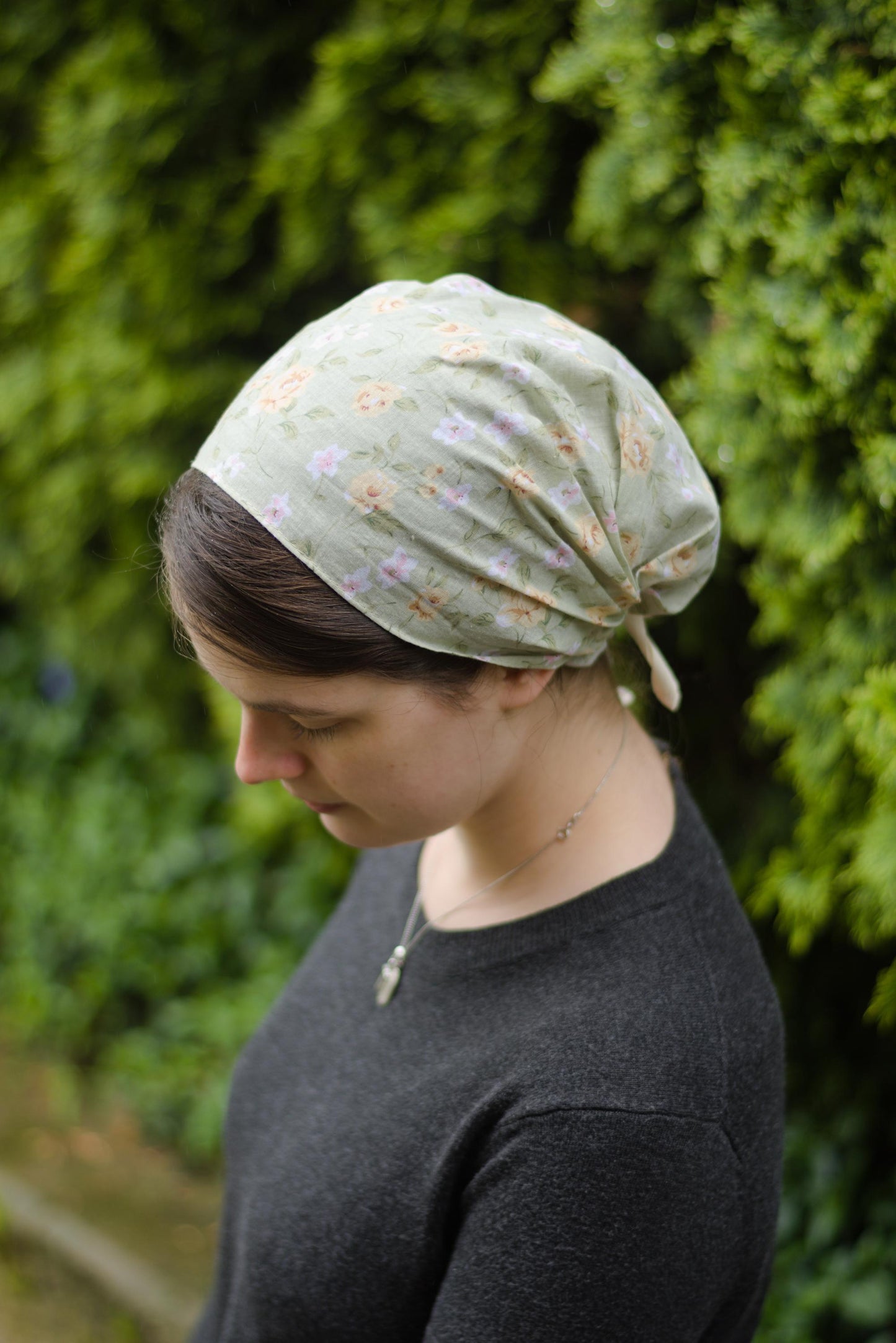 Green Cotton Floral - Full Coverage Headwrap Headcovering