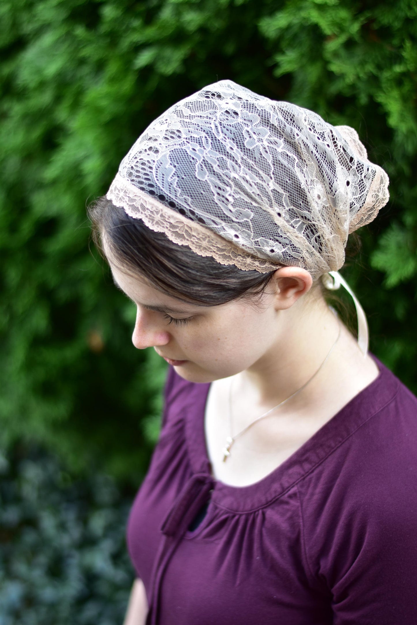 Beige Chantilly Lace - 11 inch Headband Headcovering