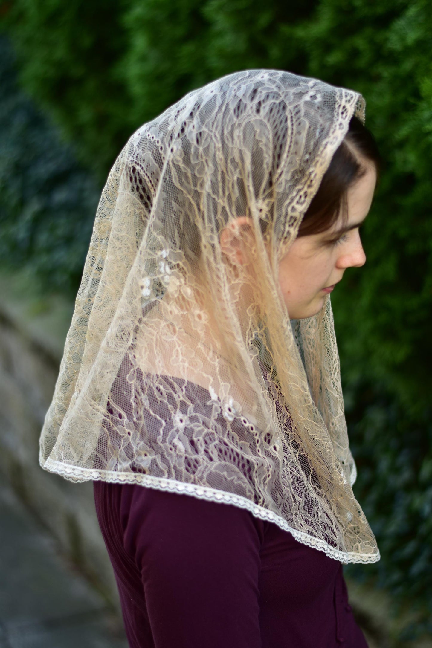 Beige Chantilly Lace Veil Bell Shape Mantilla