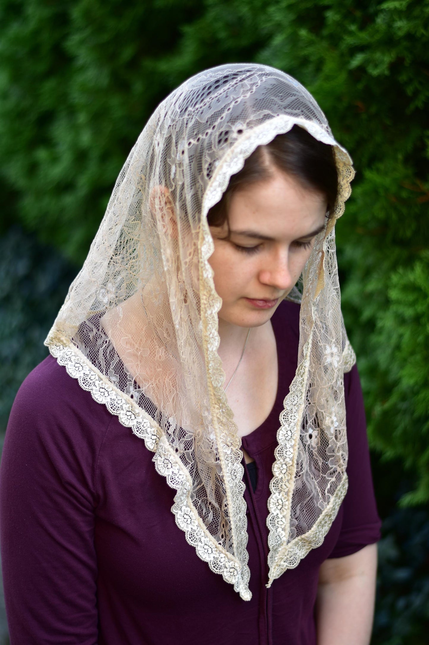Beige Chantilly Lace Veil Triangle Shape Mantilla