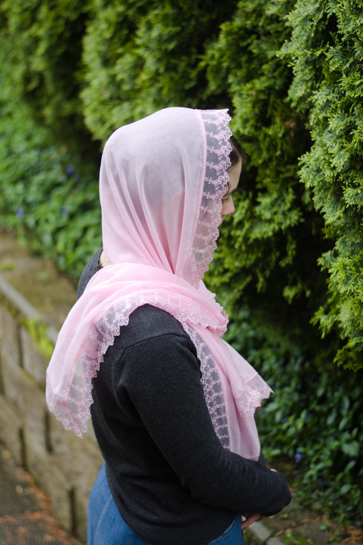 Pink Chiffon Rectangle Headscarf Chapel Veil