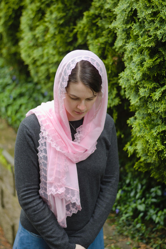 Pink Chiffon Rectangle Headscarf Chapel Veil