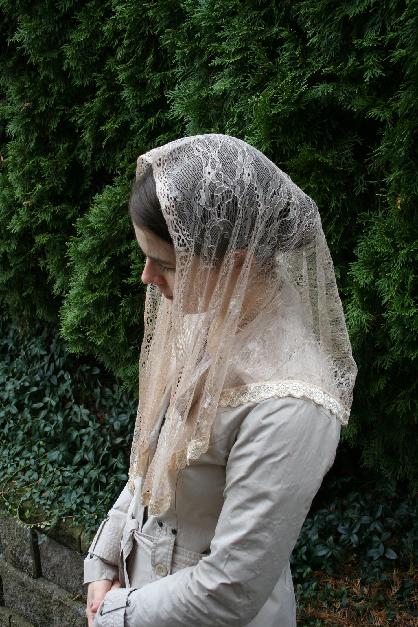Beige Chantilly Lace Veil Bell Shape Mantilla