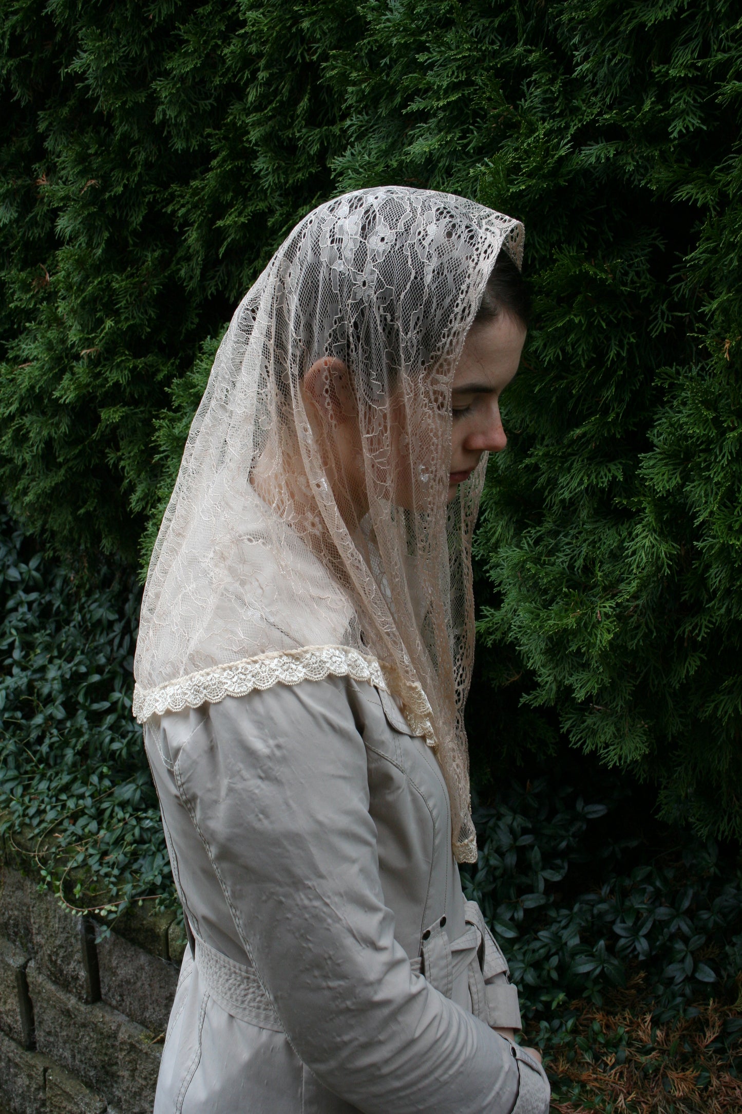 Beige Chantilly Lace Veil Bell Shape Mantilla