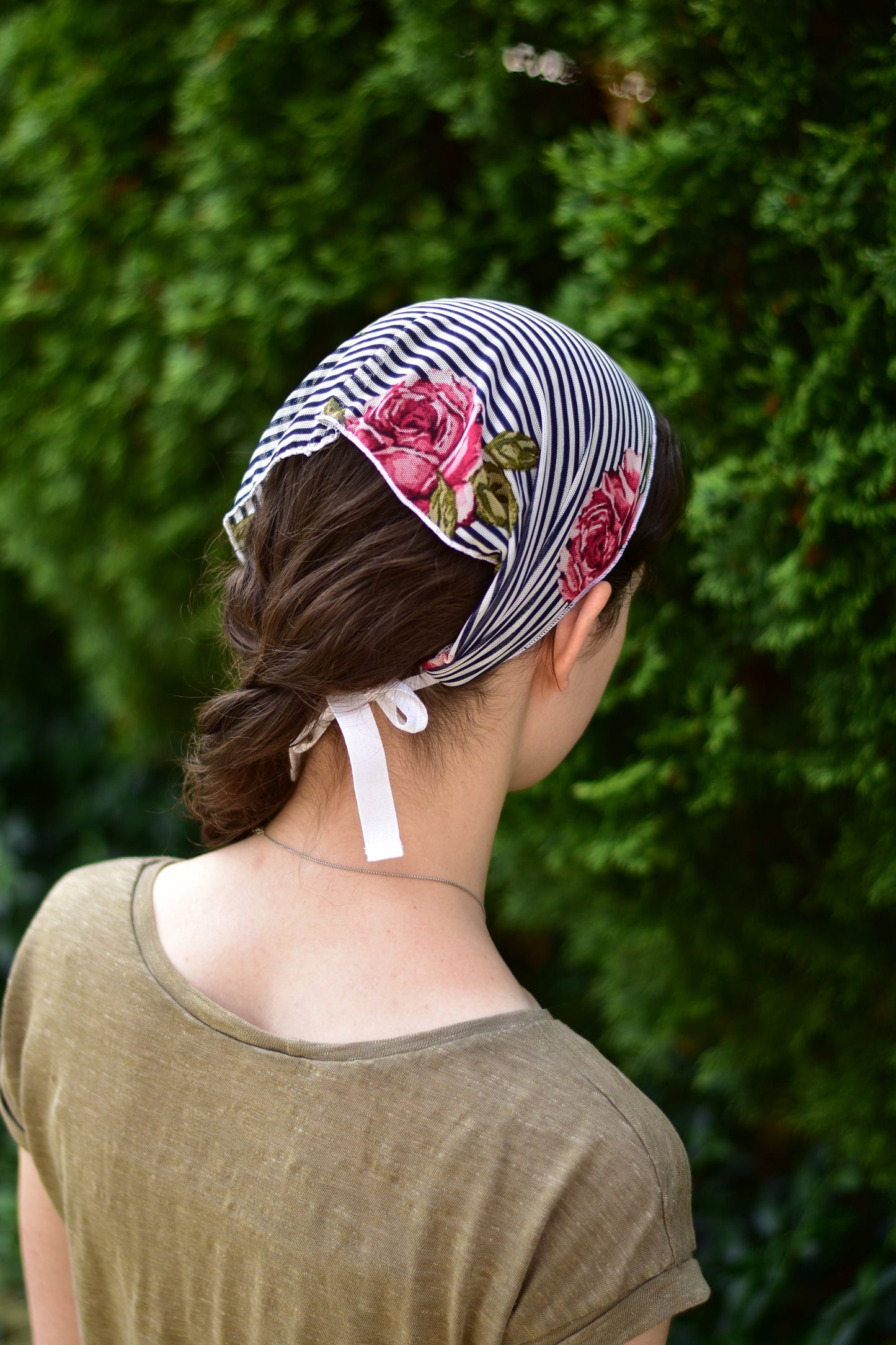 Sheer Striped Floral - 8 inch Headband Headcovering