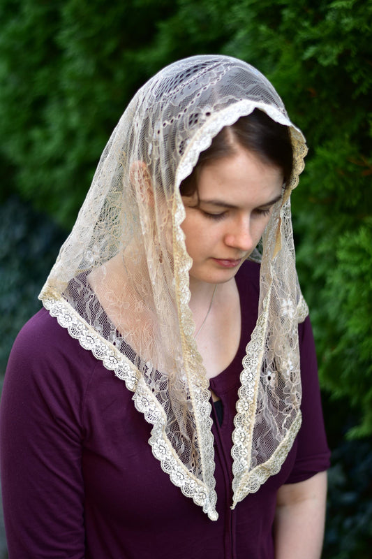 Beige Chantilly Lace Veil Triangle Shape Mantilla