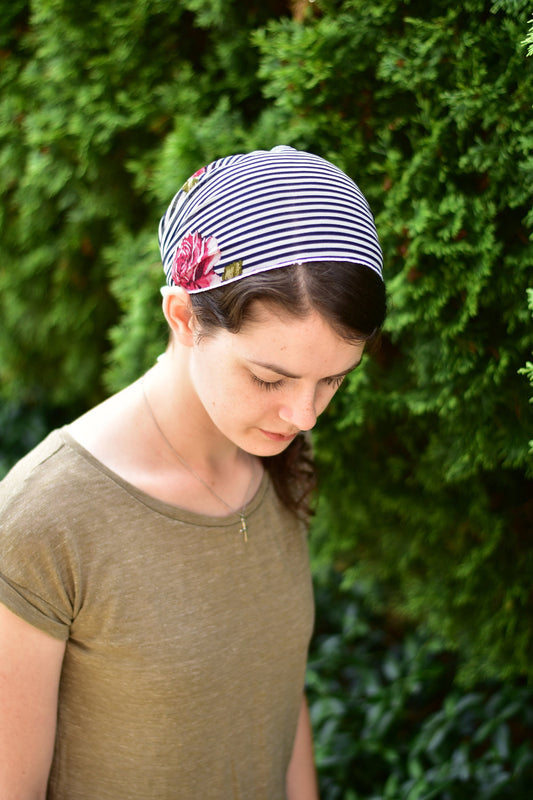Sheer Striped Floral - 8 inch Headband Headcovering