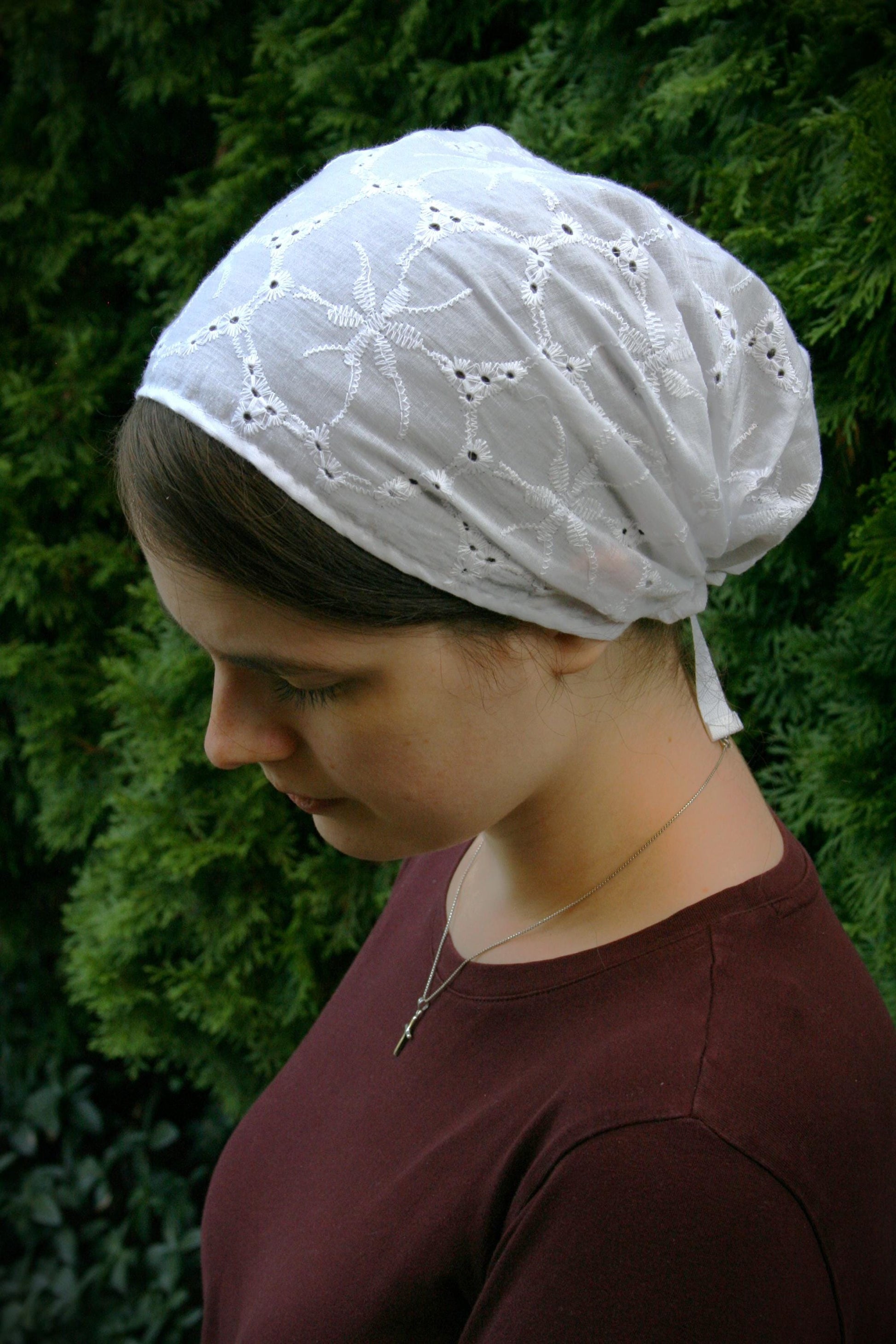 White Cotton Floral Eyelet Full Coverage Headcovering Headwrap