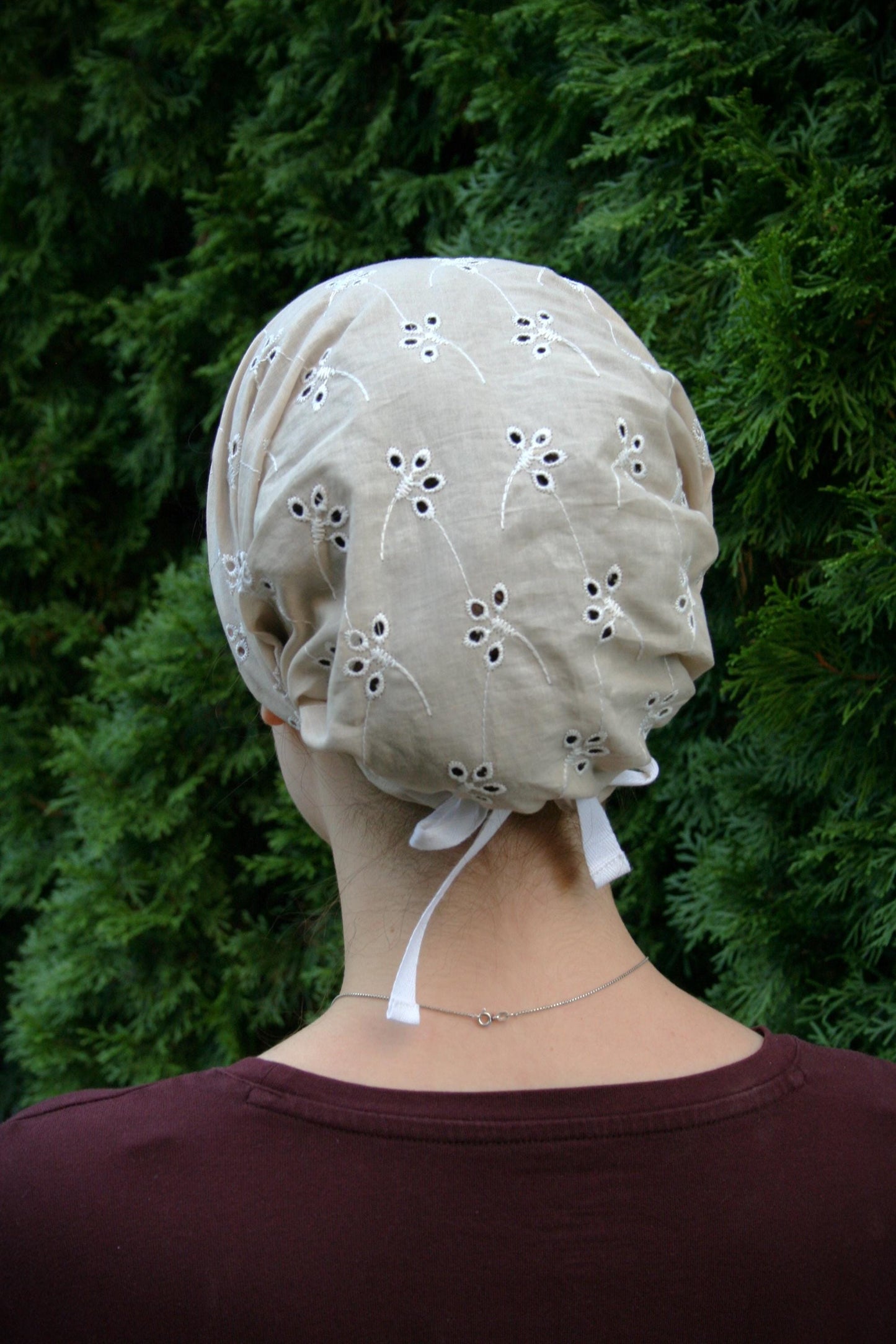 Sand Cotton Floral Eyelet Full Coverage Headcovering Headwrap