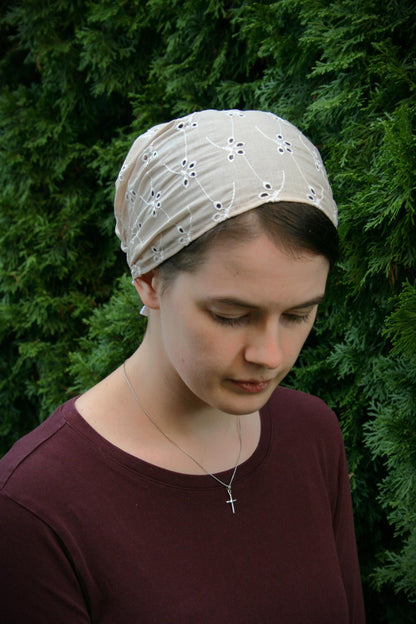 Sand Cotton Floral Eyelet Full Coverage Headcovering Headwrap
