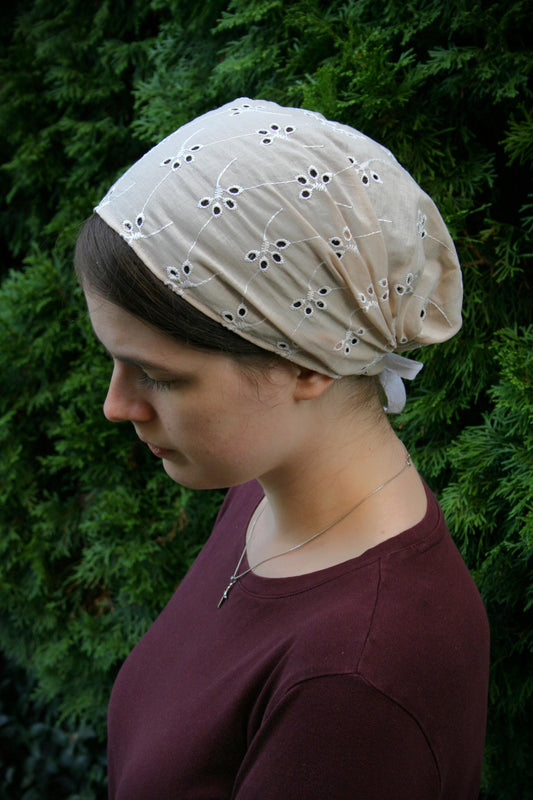 Sand Cotton Floral Eyelet Full Coverage Headcovering Headwrap