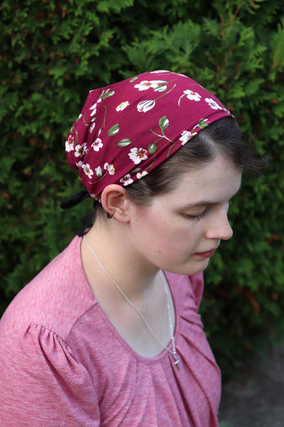 Burgundy Floral Brushed Knit - 8 inch Headband Headcovering