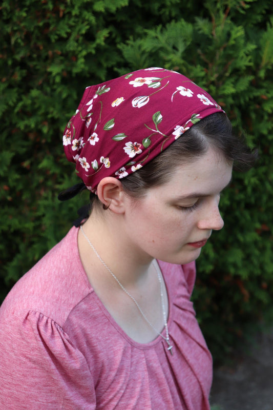 Burgundy Floral Brushed Knit - 8 inch Headband Headcovering