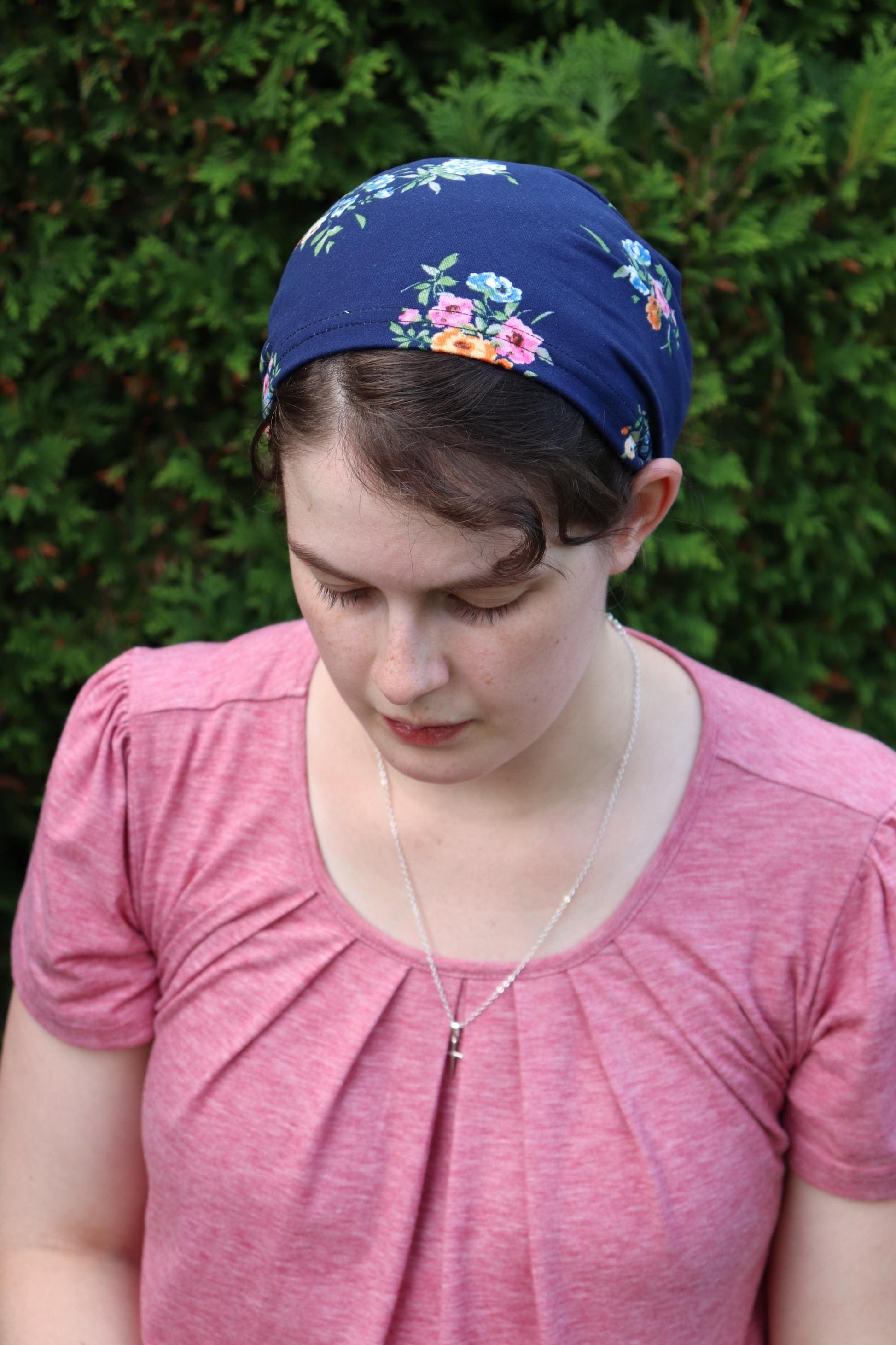 Navy Floral Brushed Knit - 8 inch Headband Headcovering
