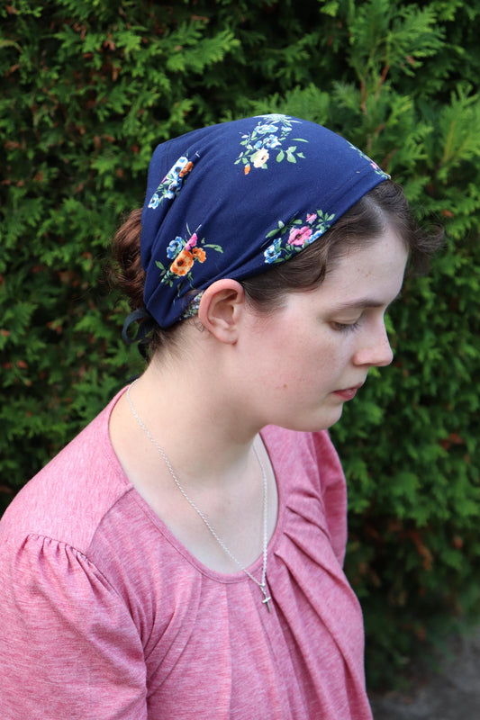 Navy Floral Brushed Knit - 8 inch Headband Headcovering