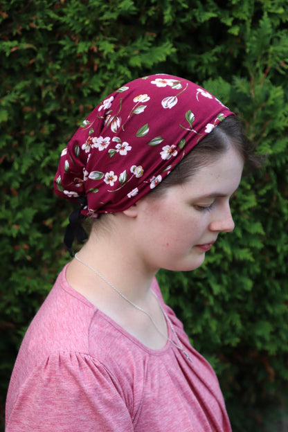 Burgundy Floral Brushed Knit - Full Coverage Headwrap Headcovering