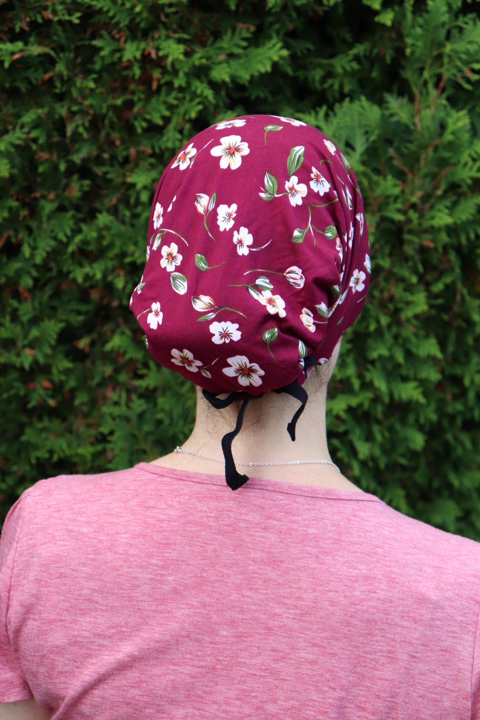 Burgundy Floral Brushed Knit - Full Coverage Headwrap Headcovering
