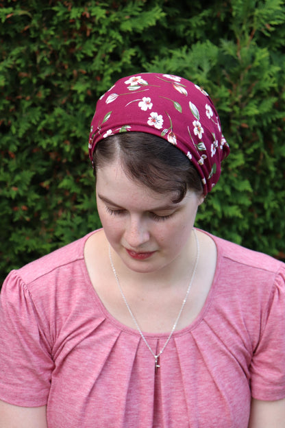 Burgundy Floral Brushed Knit - Full Coverage Headwrap Headcovering