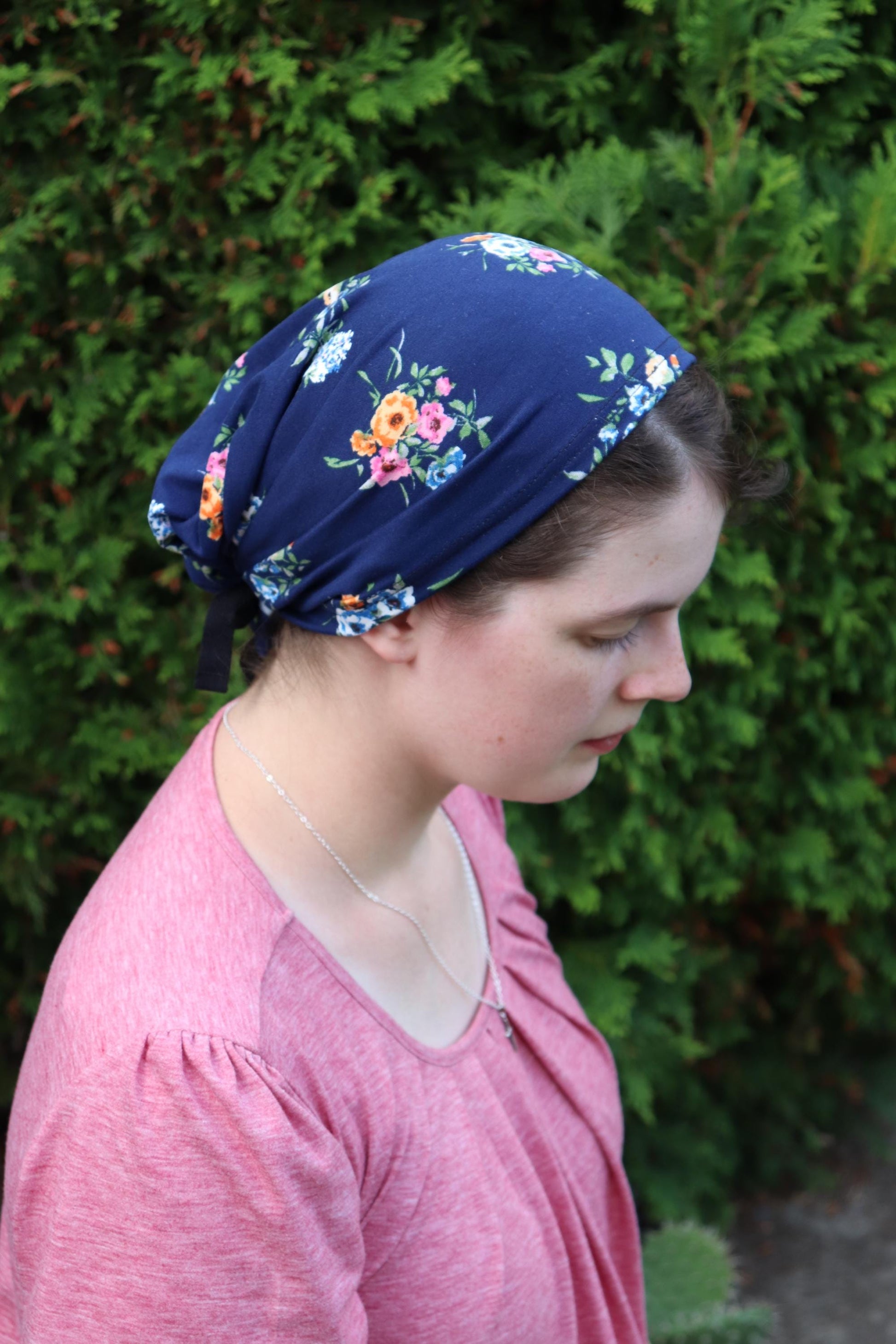Navy Floral Brushed Knit - Full Coverage Headwrap Headcovering
