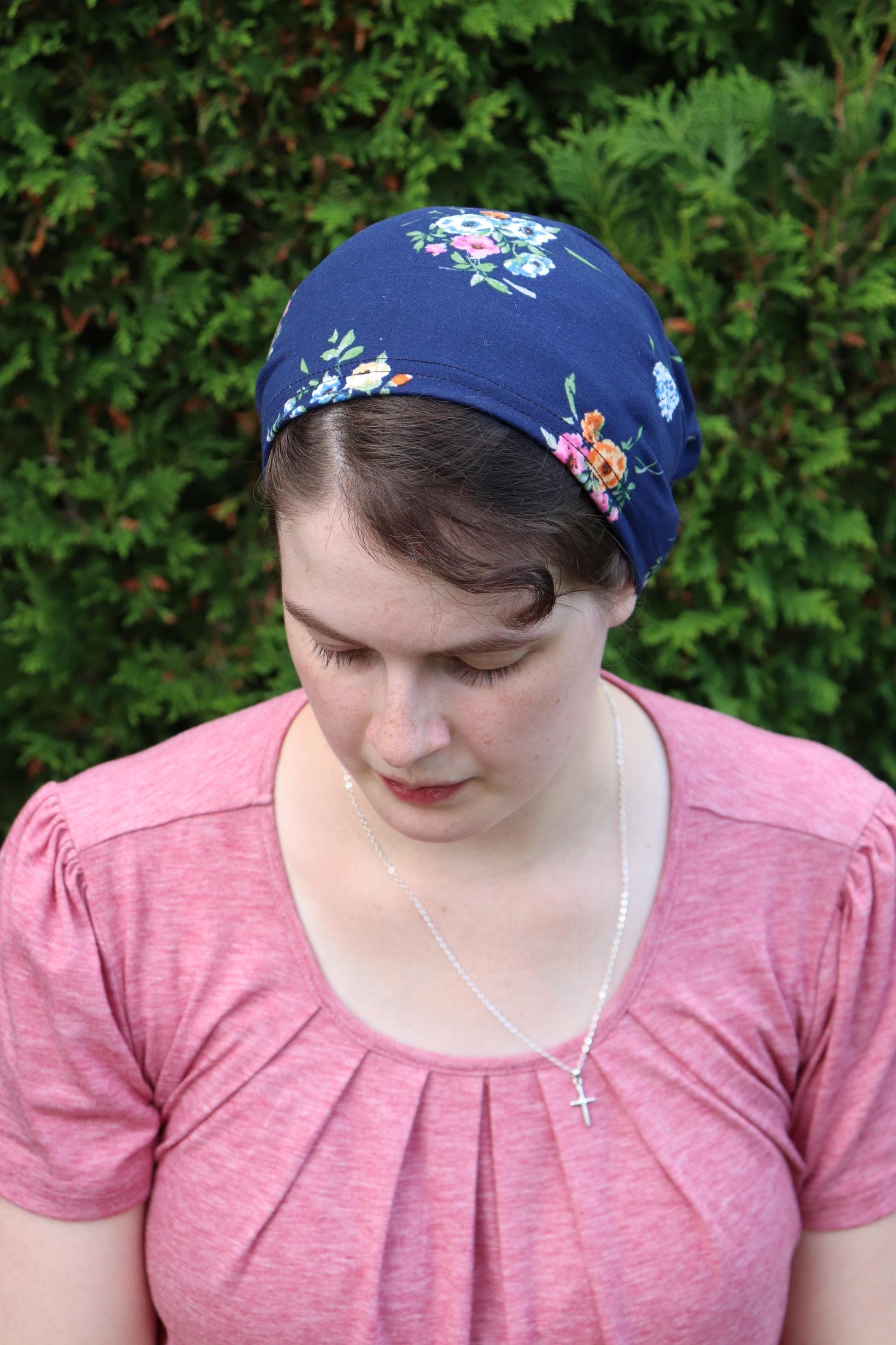 Navy Floral Brushed Knit - Full Coverage Headwrap Headcovering
