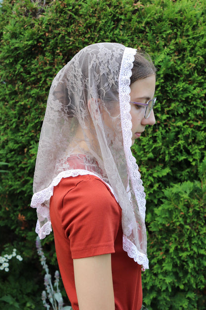 Taupe Stretch Lace Triangle Chapel Veil Mantilla