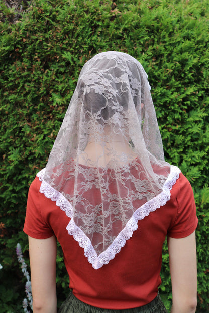 Taupe Stretch Lace Triangle Chapel Veil Mantilla