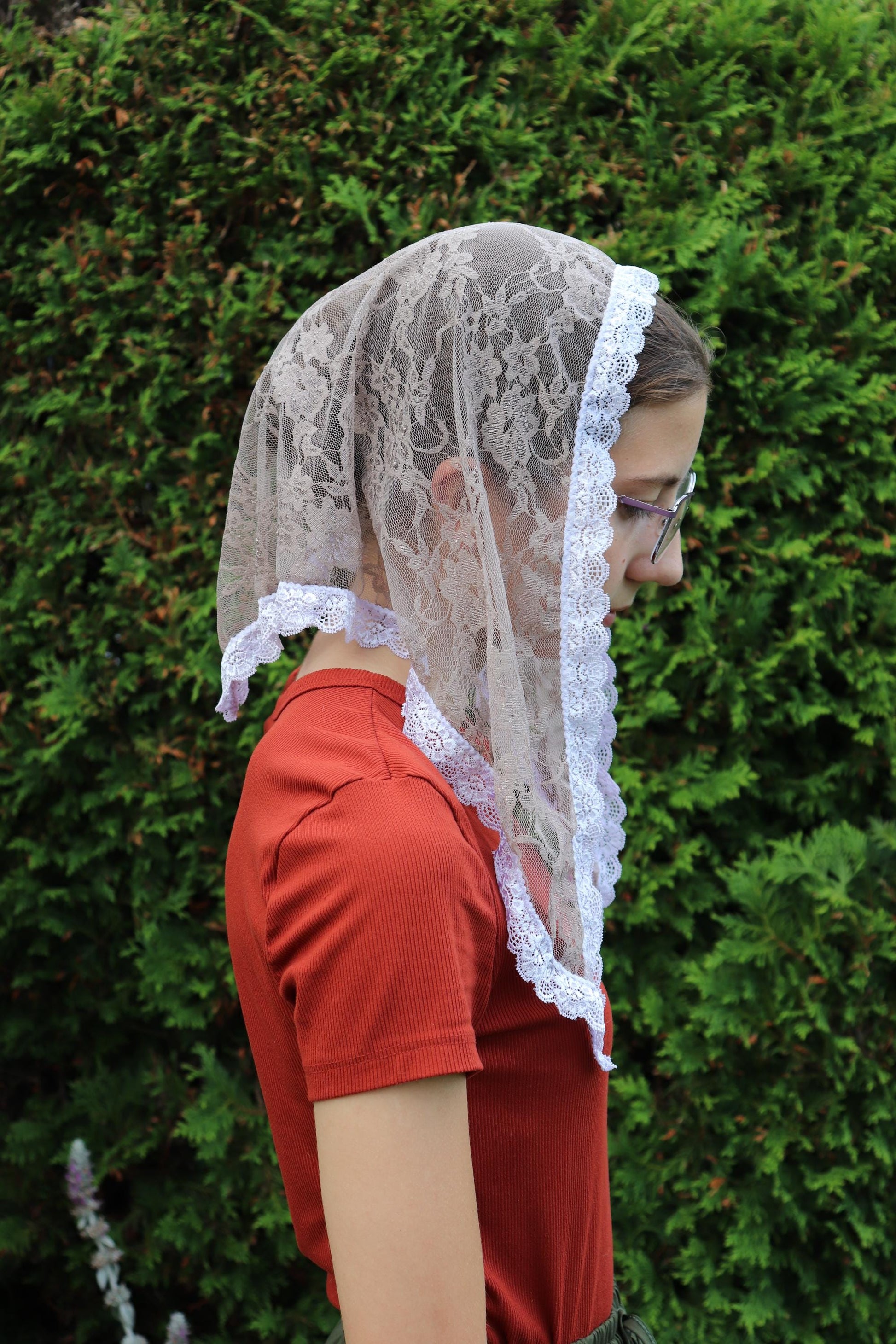 Taupe Stretch Lace Triangle Girl's Veil