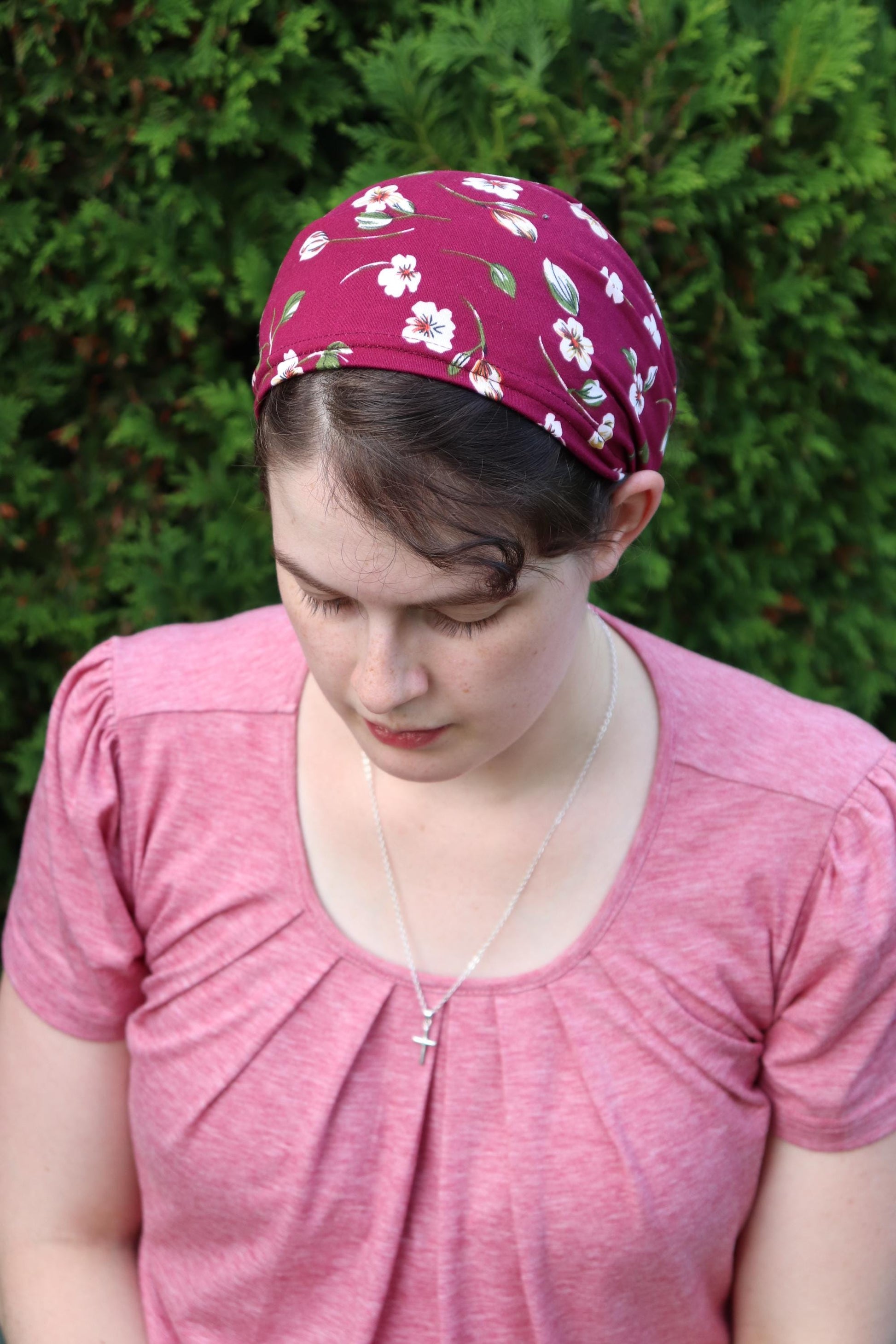 Burgundy Floral Brushed Knit - 8 inch Headband Headcovering