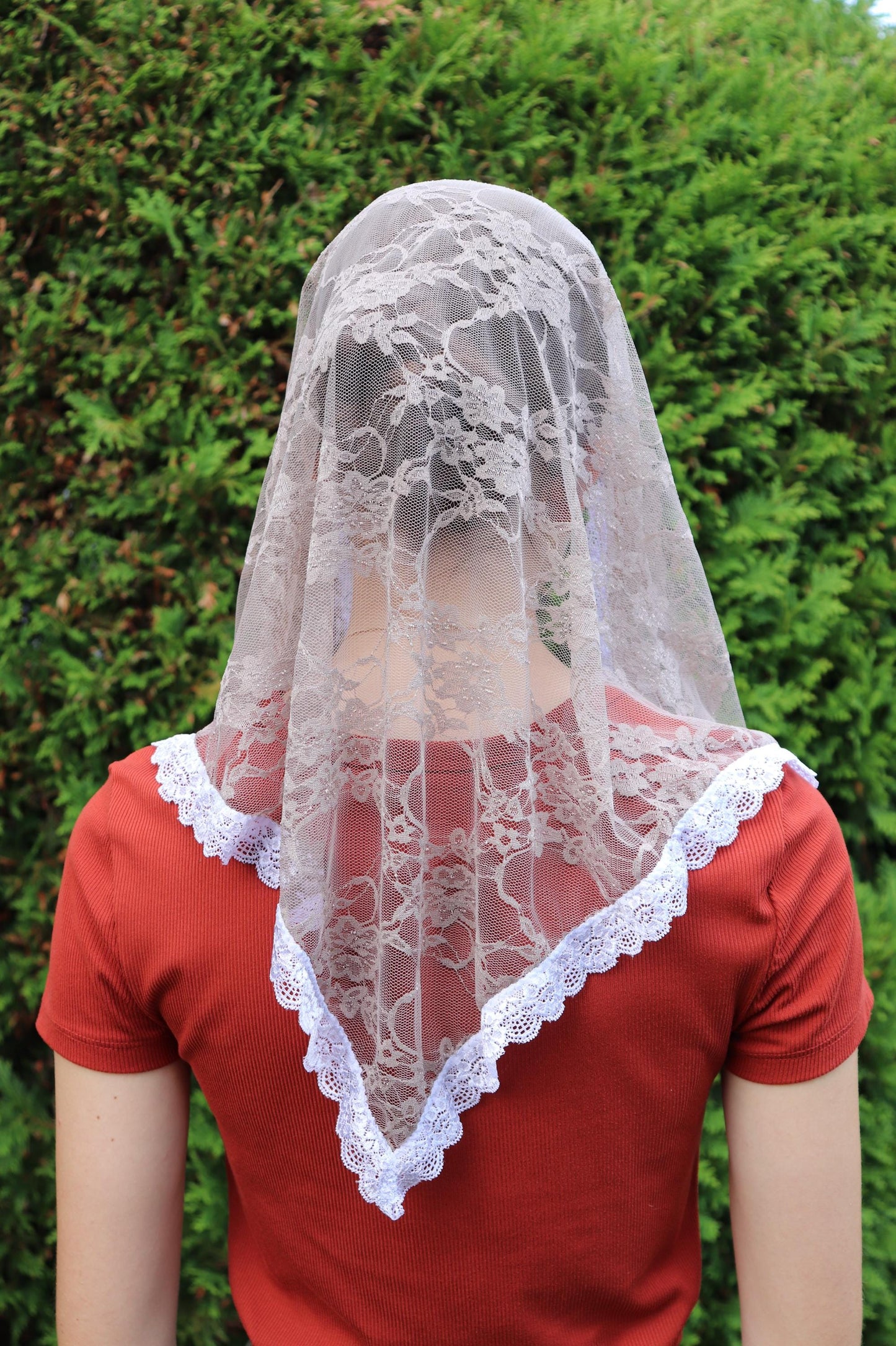 Taupe Stretch Lace Triangle Chapel Veil Mantilla