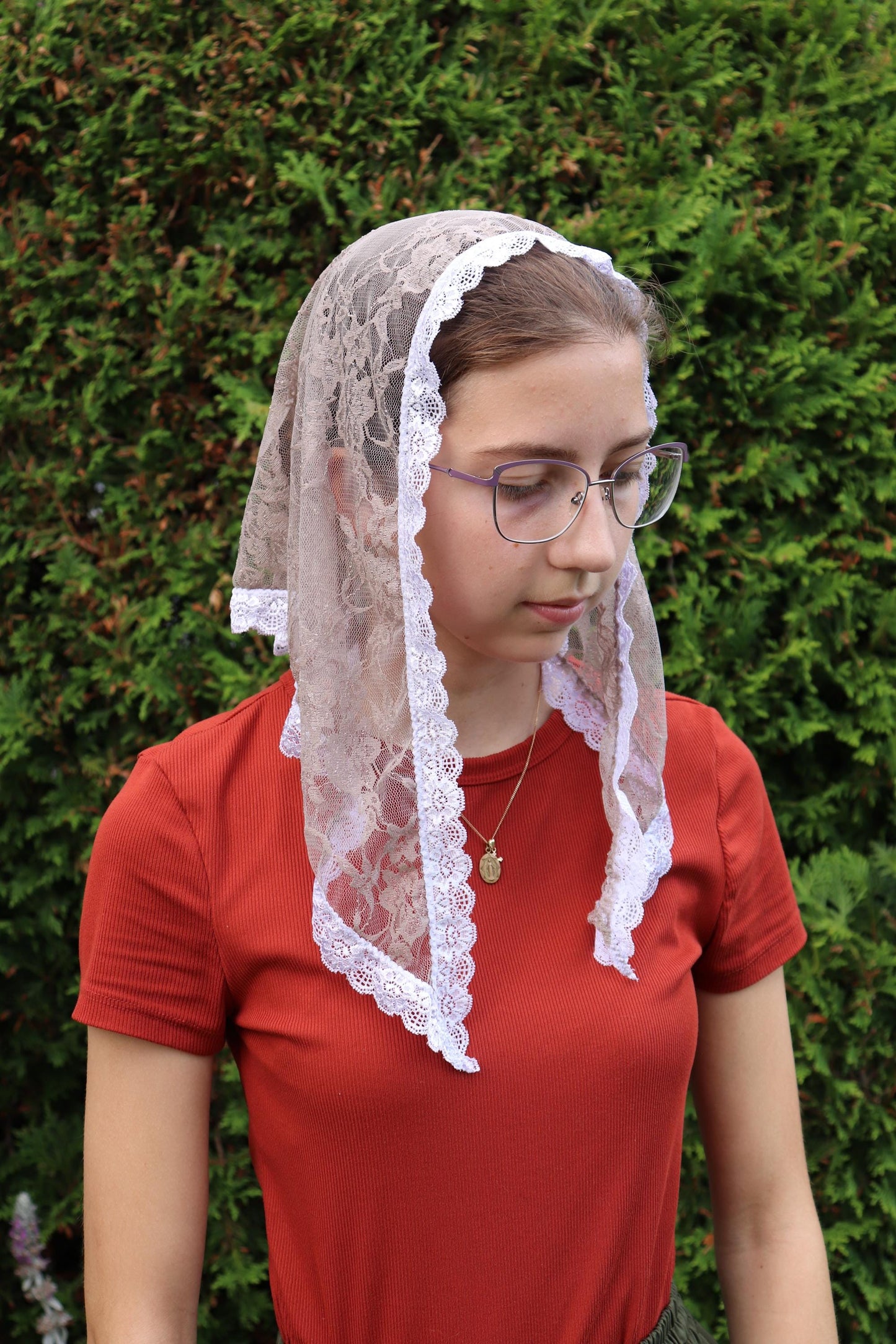 Taupe Stretch Lace Triangle Girl's Veil