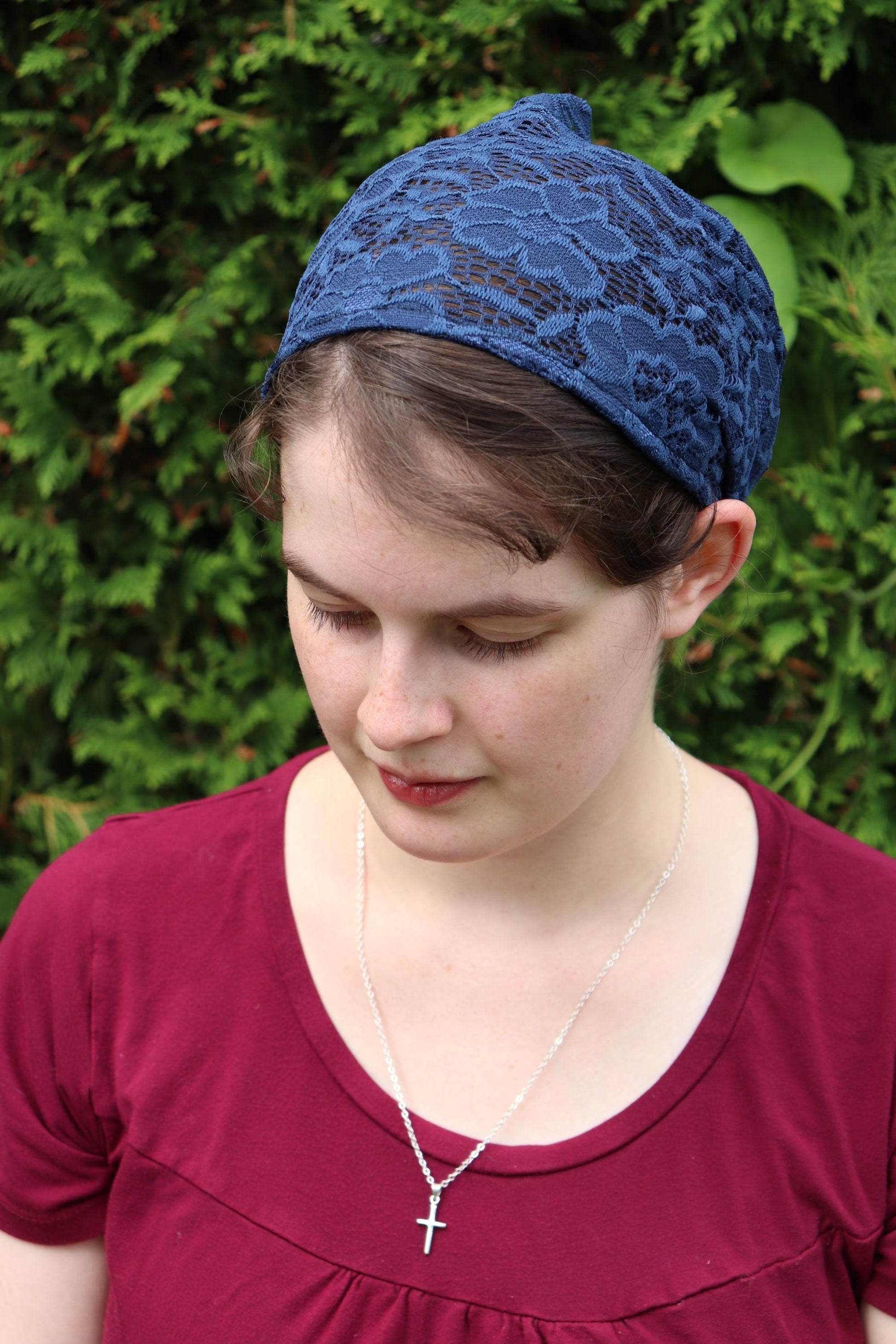 Navy Stretch Lace - 7 inch Headband Headcovering