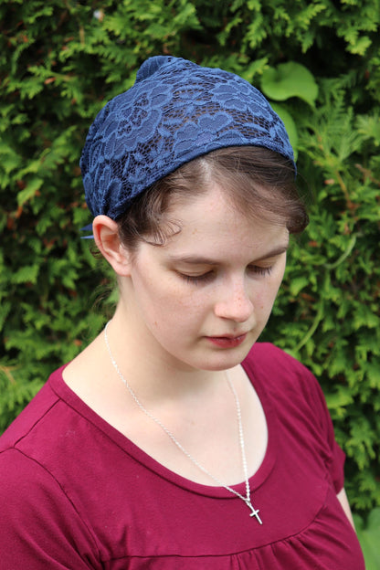 Navy Stretch Lace - 7 inch Headband Headcovering