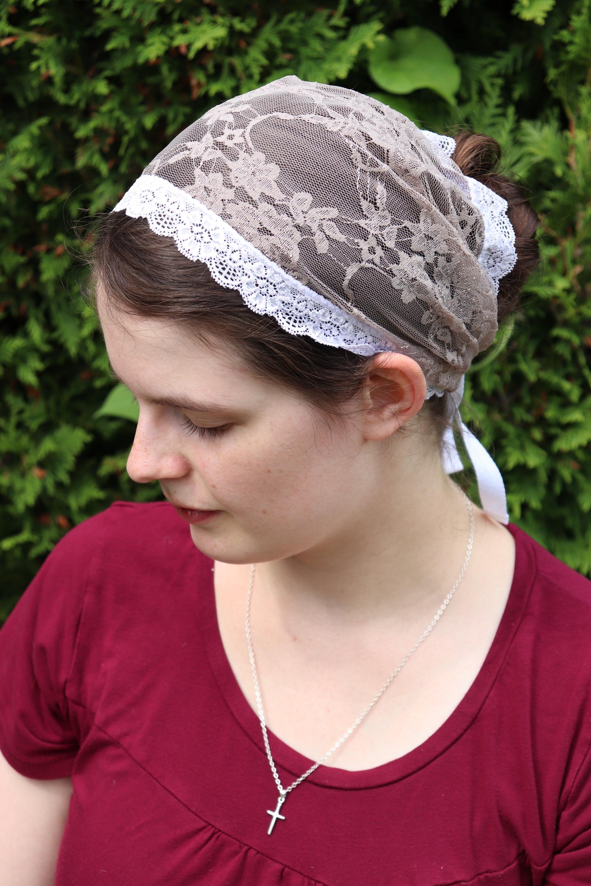 Taupe Stretch Lace - 9 inch Headband Headcovering