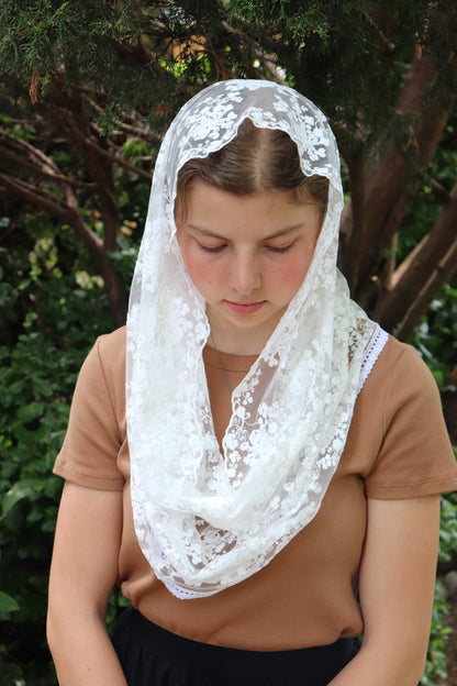 White Cotton Embroidered Infinity Veil - Headcovering - Headscarf - Chapel Veil - Mantilla - Silver Stitching Co