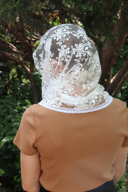 White Cotton Embroidered Infinity Veil - Headcovering - Headscarf - Chapel Veil - Mantilla - Silver Stitching Co