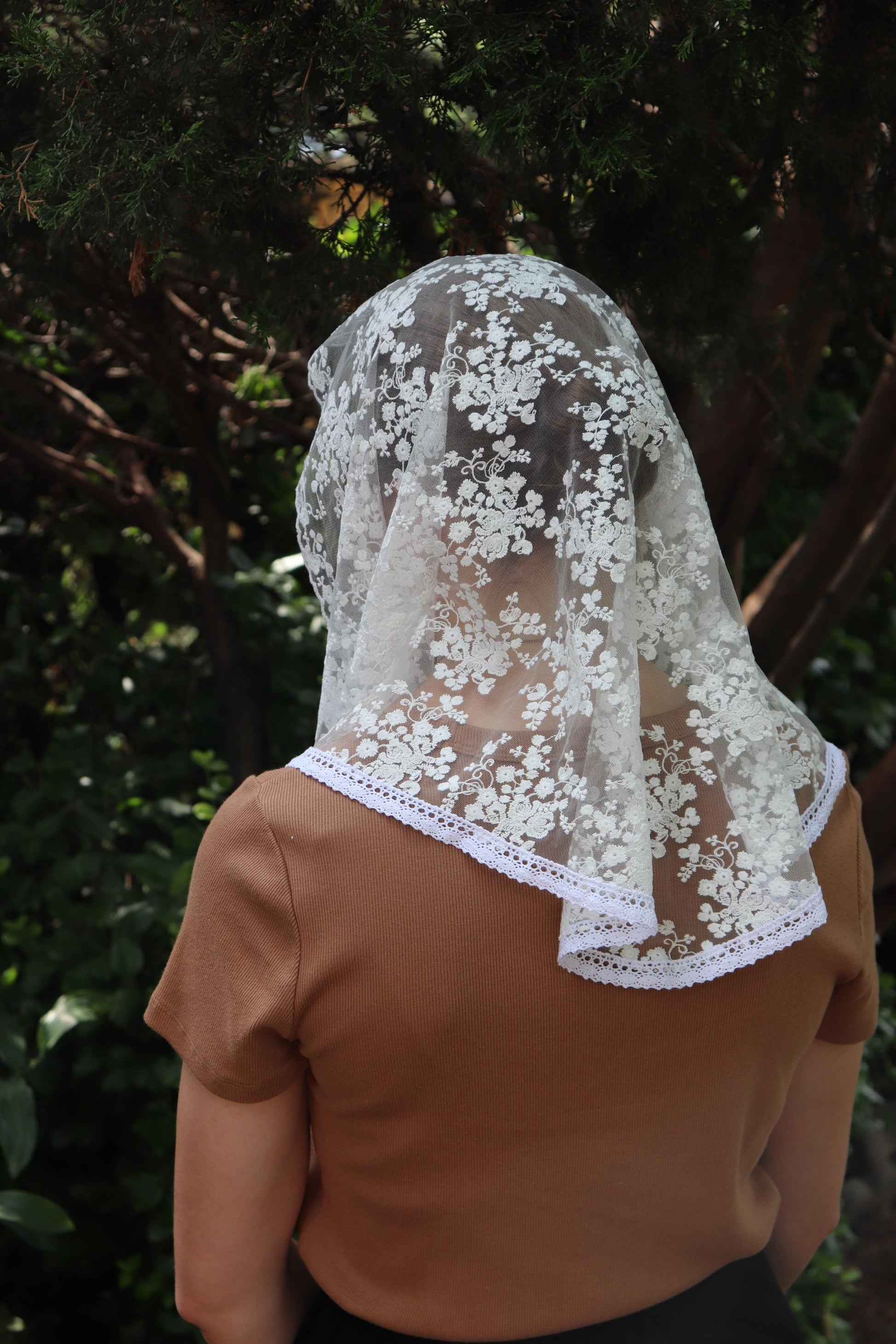 White Cotton Embroidered Rounded Triangle Veil - Headcovering - Headscarf - Chapel Veil - Mantilla - Silver Stitching Co