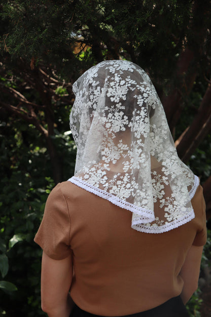 White Cotton Embroidered Rounded Triangle Veil - Headcovering - Headscarf - Chapel Veil - Mantilla - Silver Stitching Co