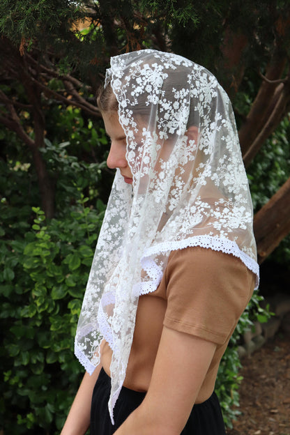 White Cotton Embroidered Rounded Triangle Veil - Headcovering - Headscarf - Chapel Veil - Mantilla - Silver Stitching Co