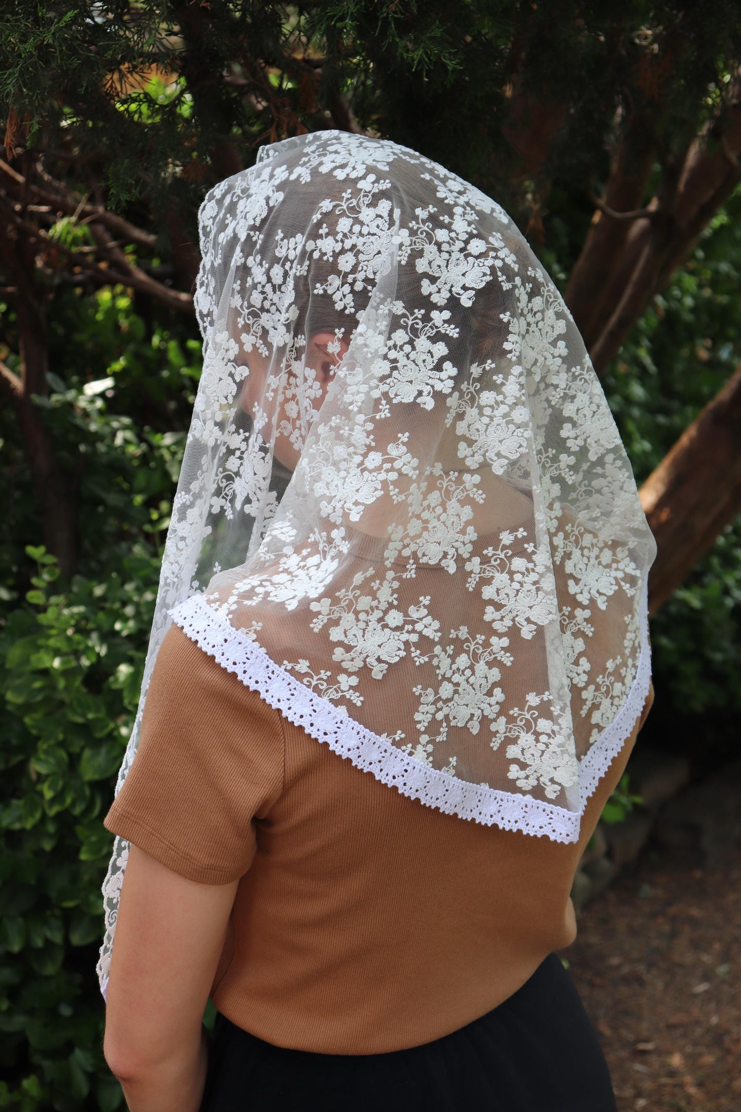 White Cotton Embroidered Rounded Triangle Veil - Headcovering - Headscarf - Chapel Veil - Mantilla - Silver Stitching Co