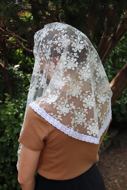 White Cotton Embroidered Rounded Triangle Veil - Headcovering - Headscarf - Chapel Veil - Mantilla - Silver Stitching Co