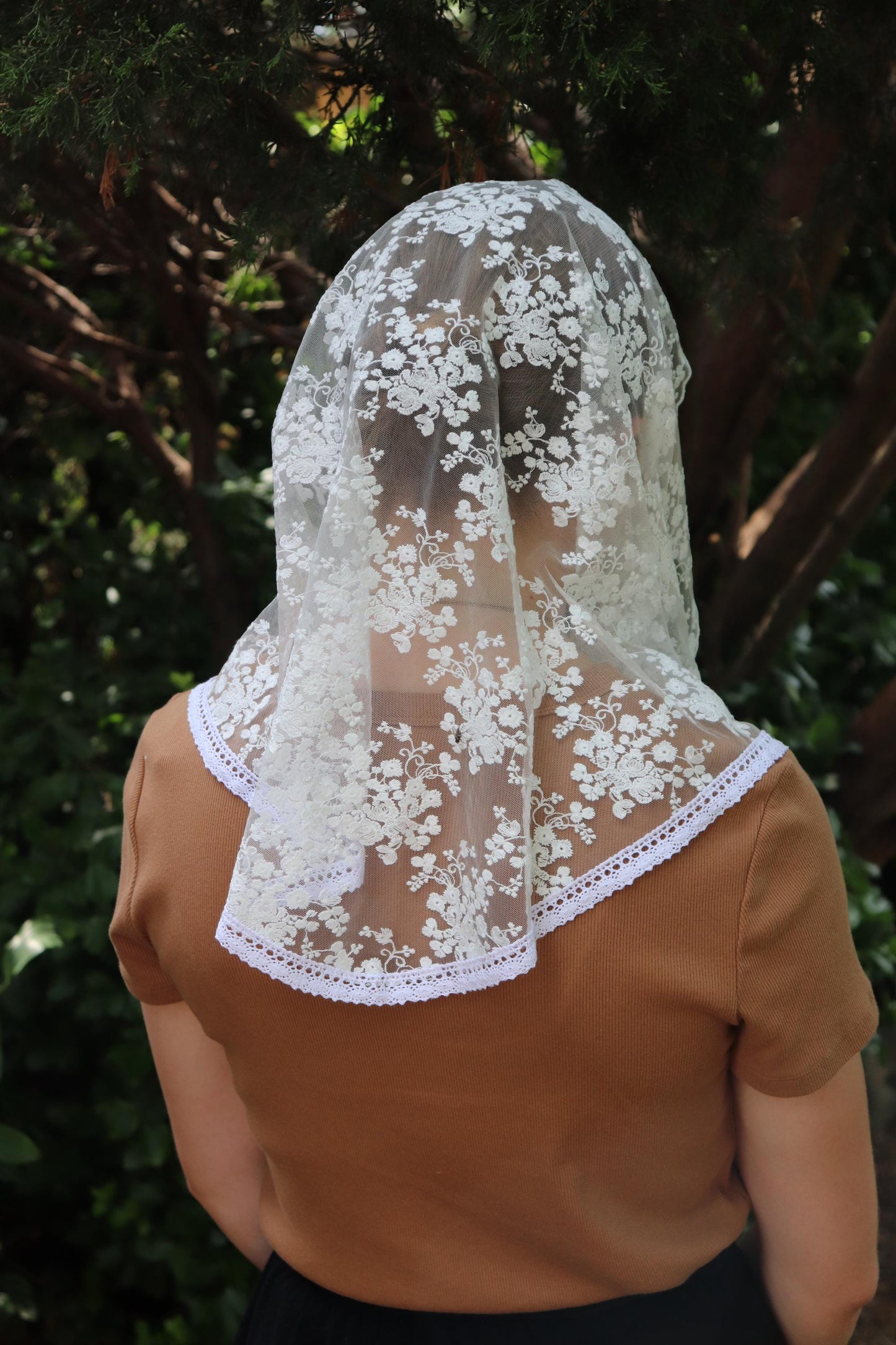 White Cotton Embroidered Rounded Triangle Veil - Headcovering - Headscarf - Chapel Veil - Mantilla - Silver Stitching Co