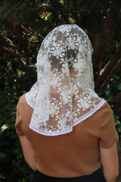 White Cotton Embroidered Rounded Triangle Veil - Headcovering - Headscarf - Chapel Veil - Mantilla - Silver Stitching Co