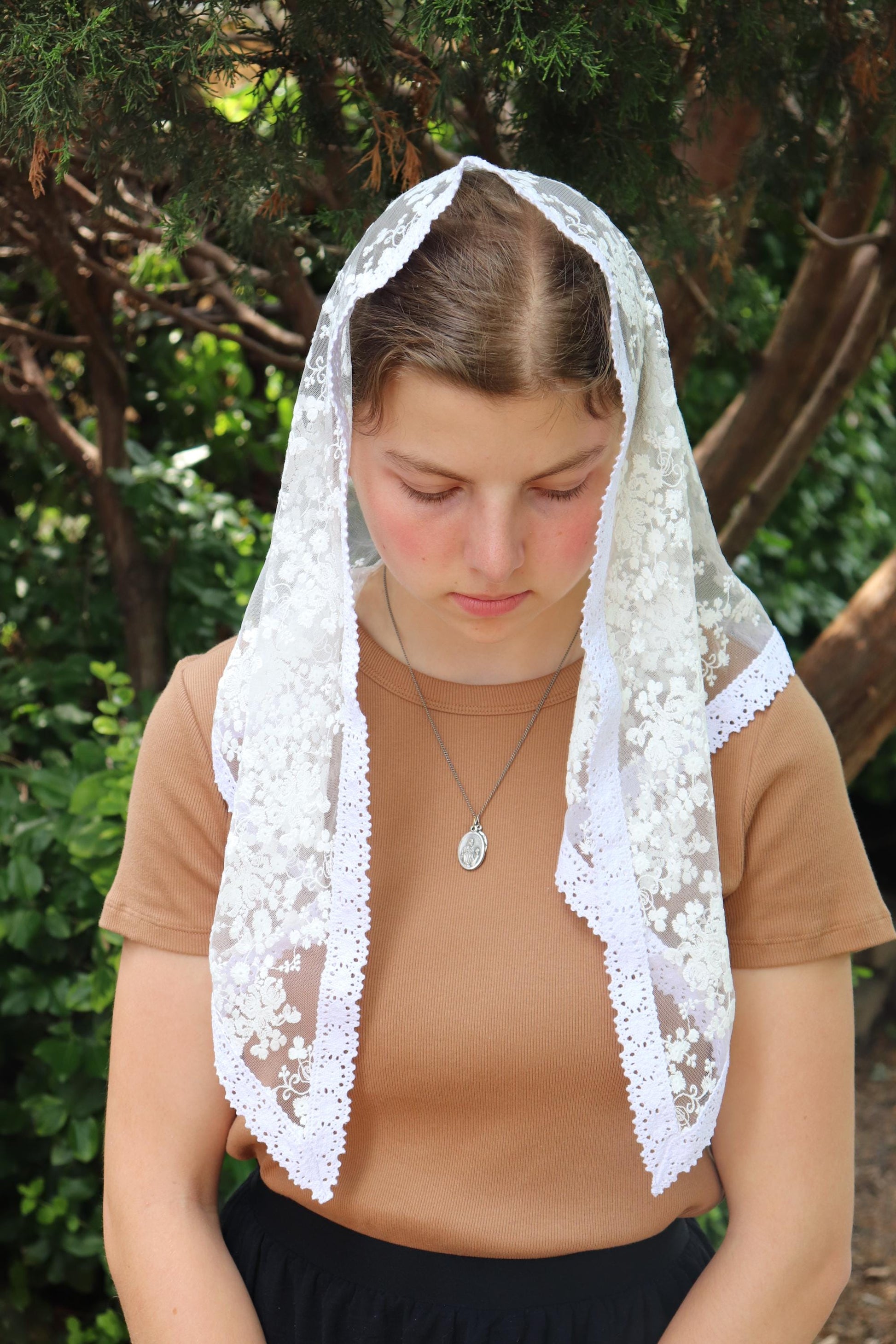 White Cotton Embroidered Triangle Veil - Headcovering - Headscarf - Chapel Veil - Mantilla - Silver Stitching Co
