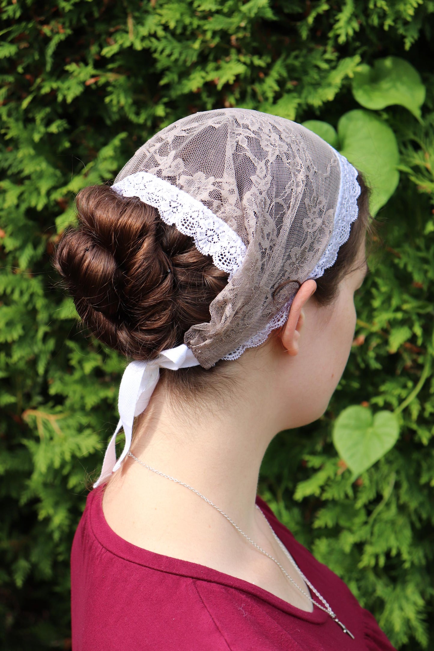 Taupe Stretch Lace - 9 inch Headband Headcovering
