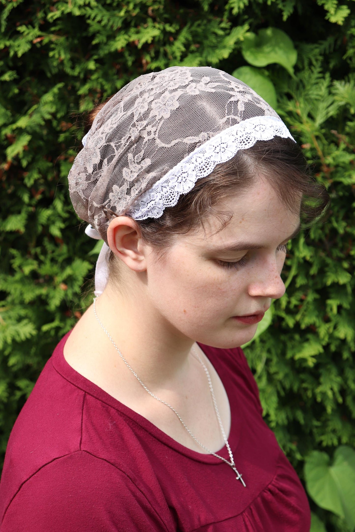 Taupe Stretch Lace - 9 inch Headband Headcovering
